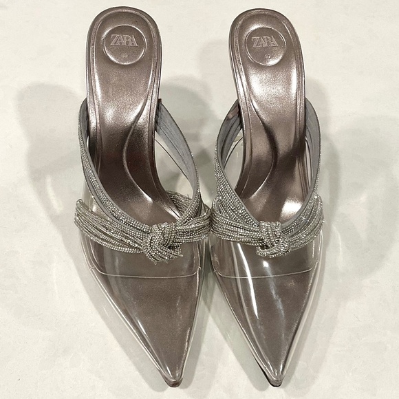 ZARA Heels Clear Sparkling Rhinestone Accent Straps Pointed Toe Size 9 - Picture 4 of 11